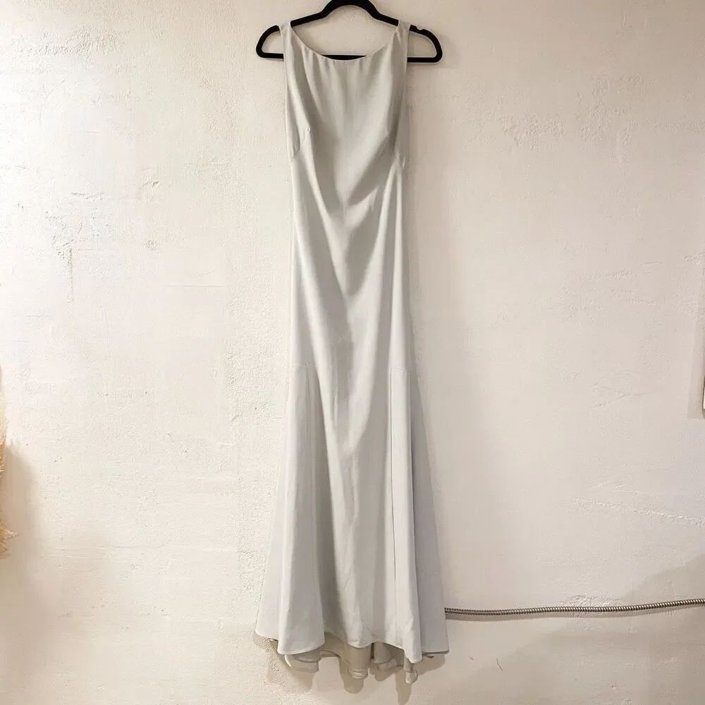 Theia Bridesmaid Bianca Twist Back Maxi Gown in Silver Size 6
